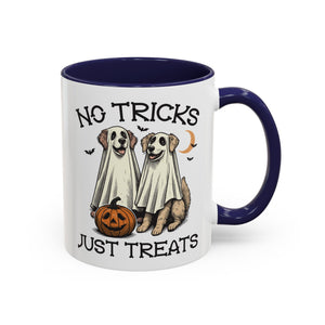 No Tricks, Just Treats - Vintage Dog Mug - Available in a variety of vibrant accent colors, and in 15oz and 11oz sizes. Dishwasher and microwave safe.