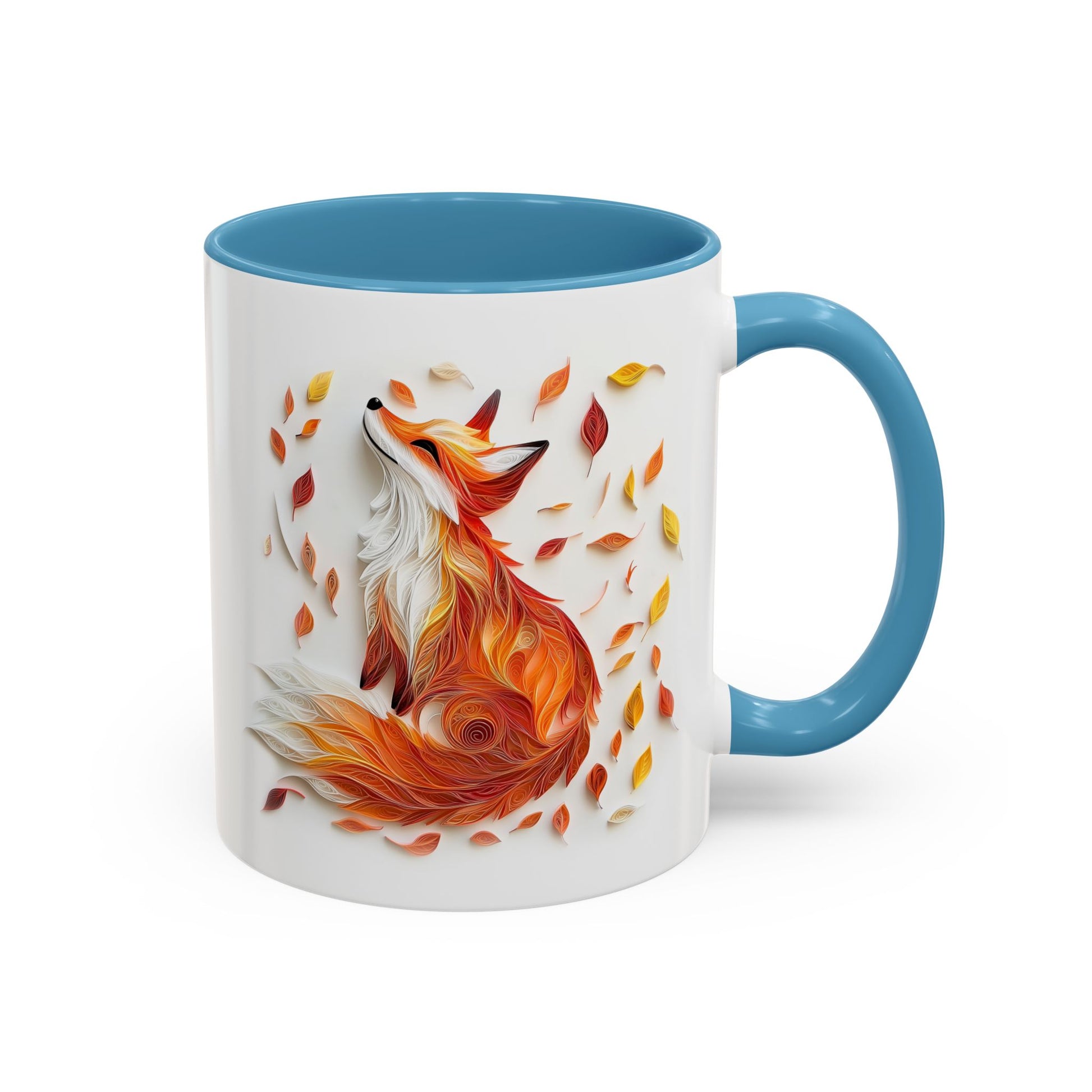 Fox in Fall Leaves, Paper Quilling Mug - Available in a variety of vibrant accent colors, and in 15oz and 11oz sizes. Dishwasher and microwave safe.
