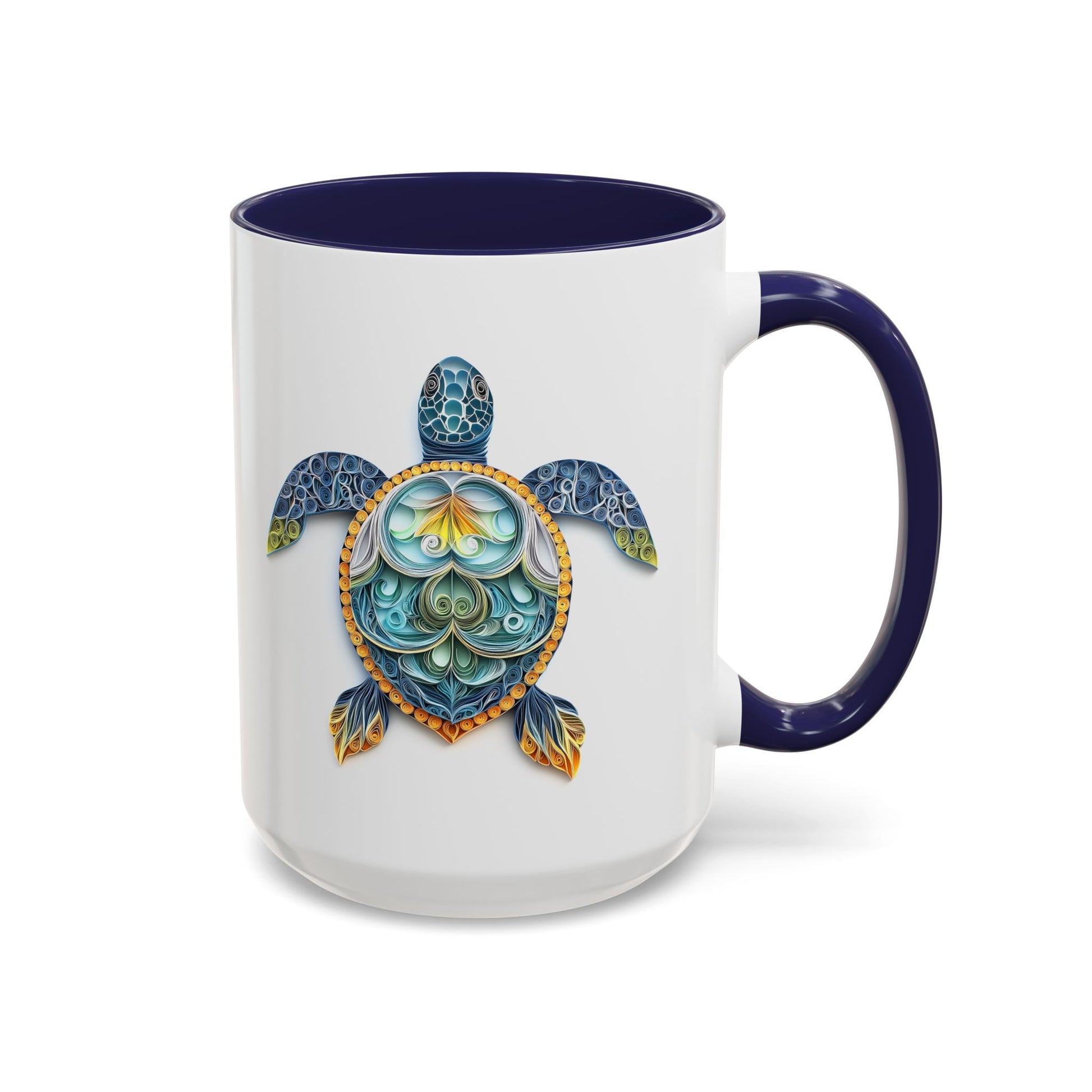 Sea Turtle, Paper Quilling Mug - Available in a variety of vibrant accent colors, and in 15oz and 11oz sizes. Dishwasher and microwave safe.