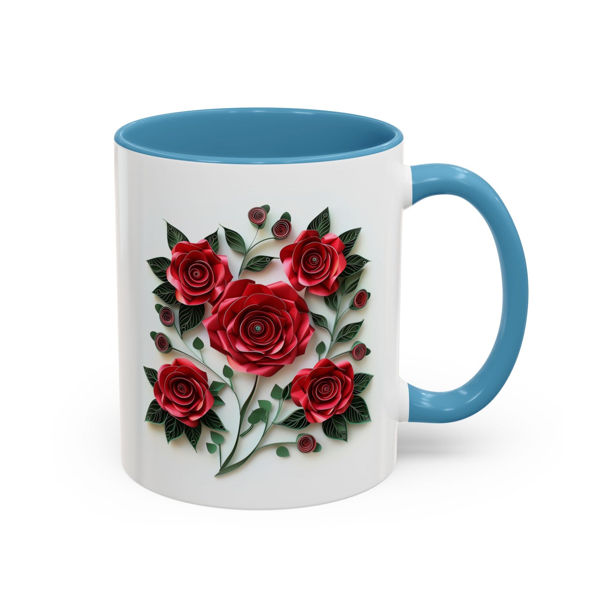 Red Roses, Paper Quilling Mug - Available in a variety of vibrant accent colors, and in 15oz and 11oz sizes. Dishwasher and microwave safe.
