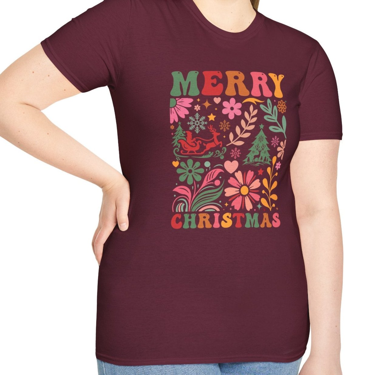 Merry Christmas, Boho Flowers Tee-Adult Tees-Wild Pour