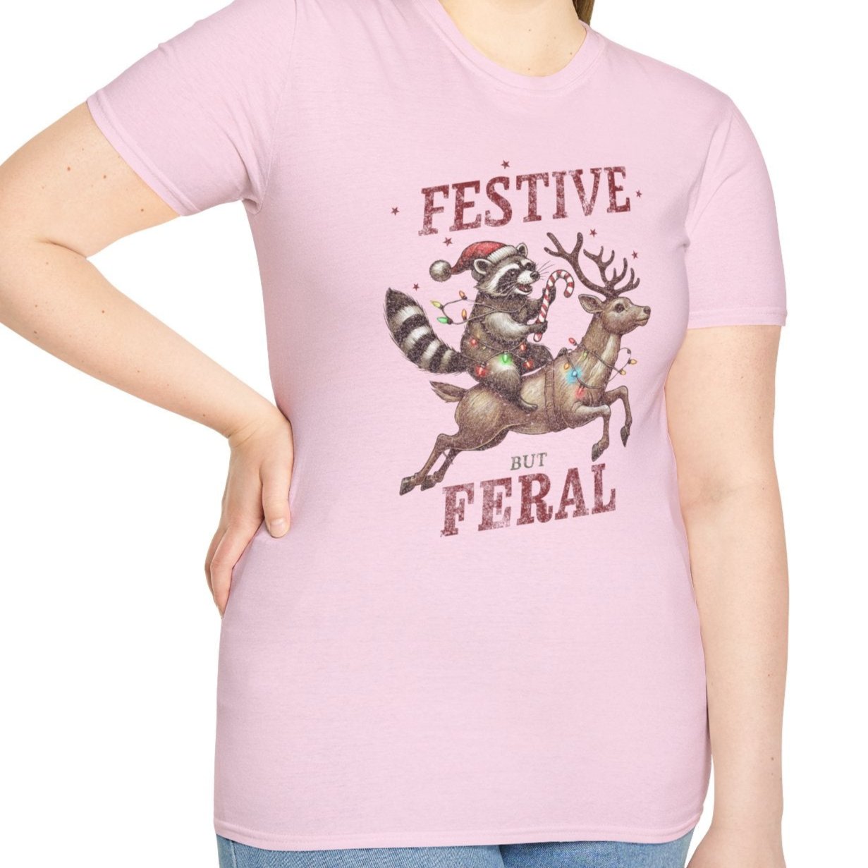 Festive But Feral, Christmas Raccoon Tee-Adult Tees-Wild Pour