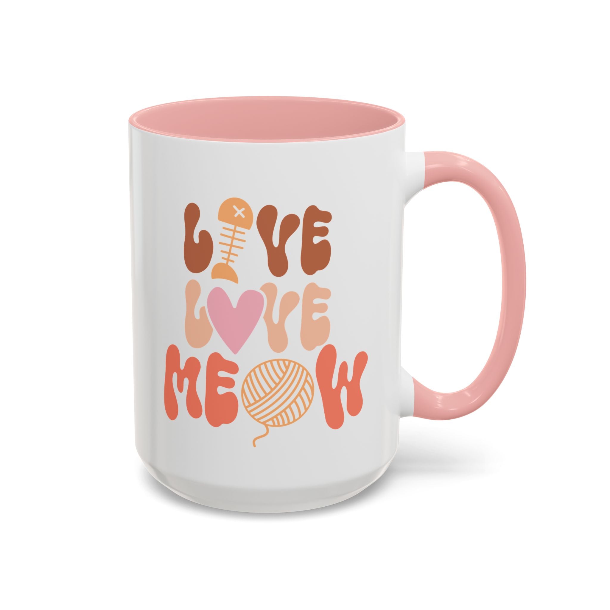 Live Love Meow, Cat Mug - Available in a variety of vibrant accent colors, and in 15oz and 11oz sizes. Dishwasher and microwave safe.