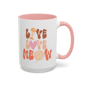 Live Love Meow, Cat Mug - Available in a variety of vibrant accent colors, and in 15oz and 11oz sizes. Dishwasher and microwave safe.