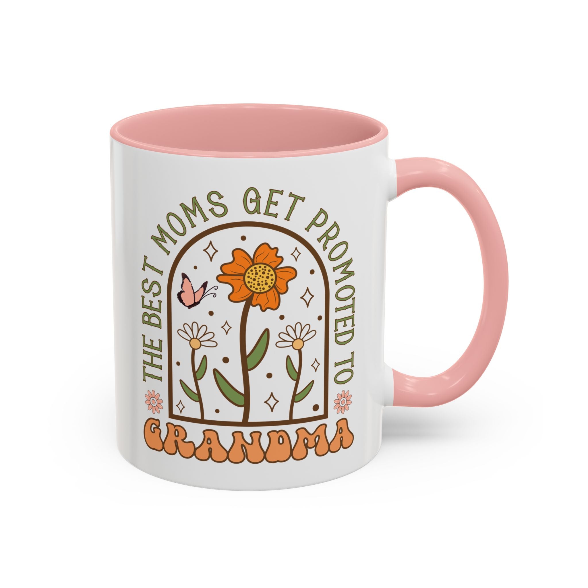 The Best Moms Get Promoted to Grandma, Flowers and Butterfly Mug - Available in a variety of vibrant accent colors, and in 15oz and 11oz sizes. Dishwasher and microwave safe.