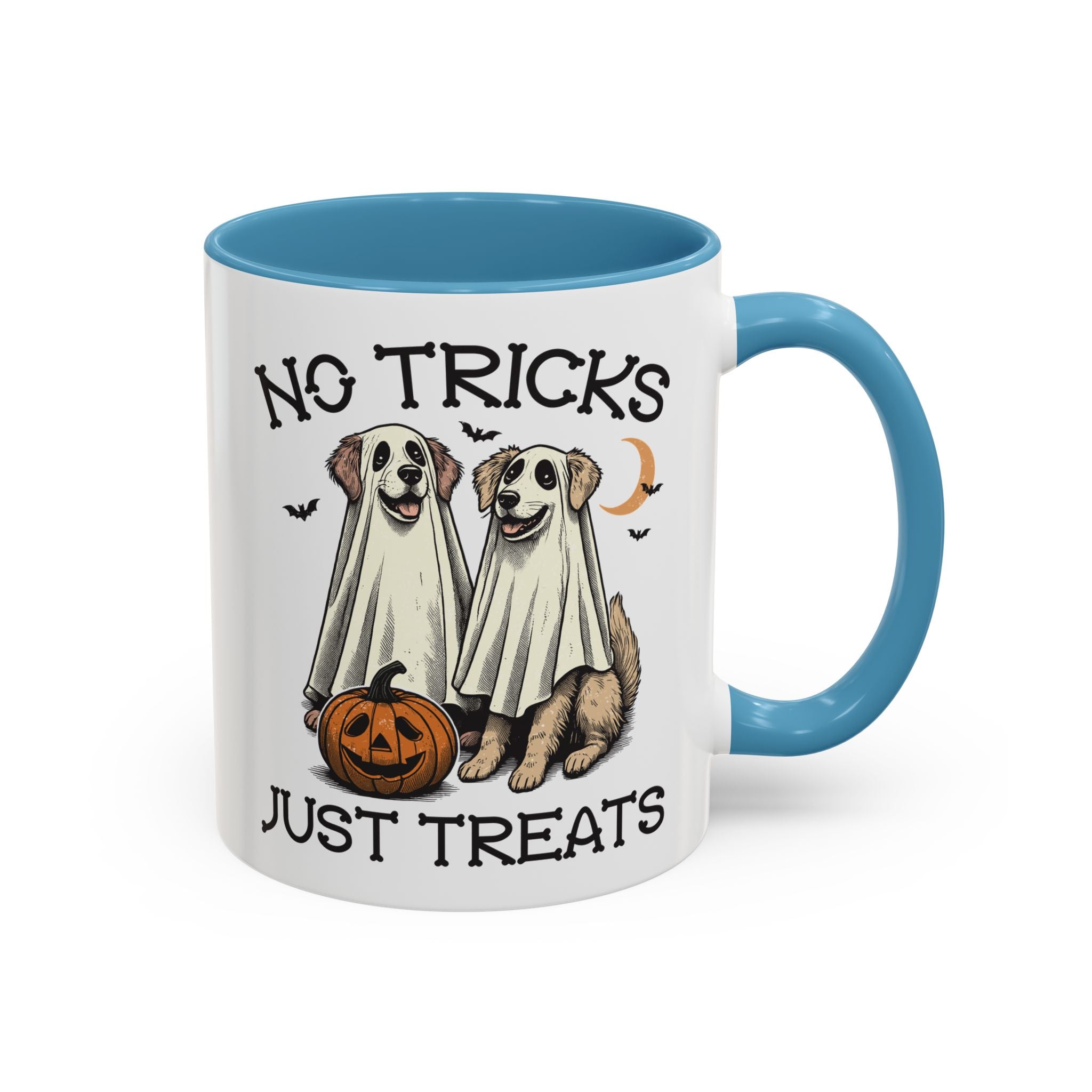 No Tricks, Just Treats - Vintage Dog Mug - Available in a variety of vibrant accent colors, and in 15oz and 11oz sizes. Dishwasher and microwave safe.