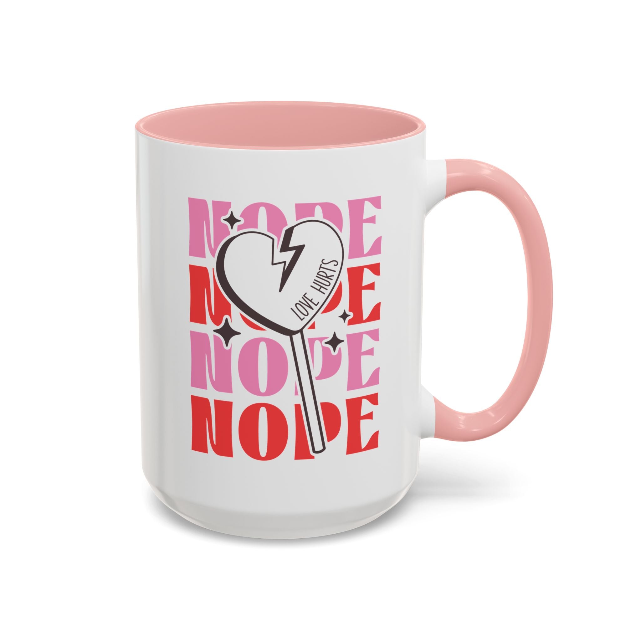 Nope, Love Hurts, Anti-Valentine's Day Mug - Available in a variety of vibrant accent colors, and in 15oz and 11oz sizes. Dishwasher and microwave safe.