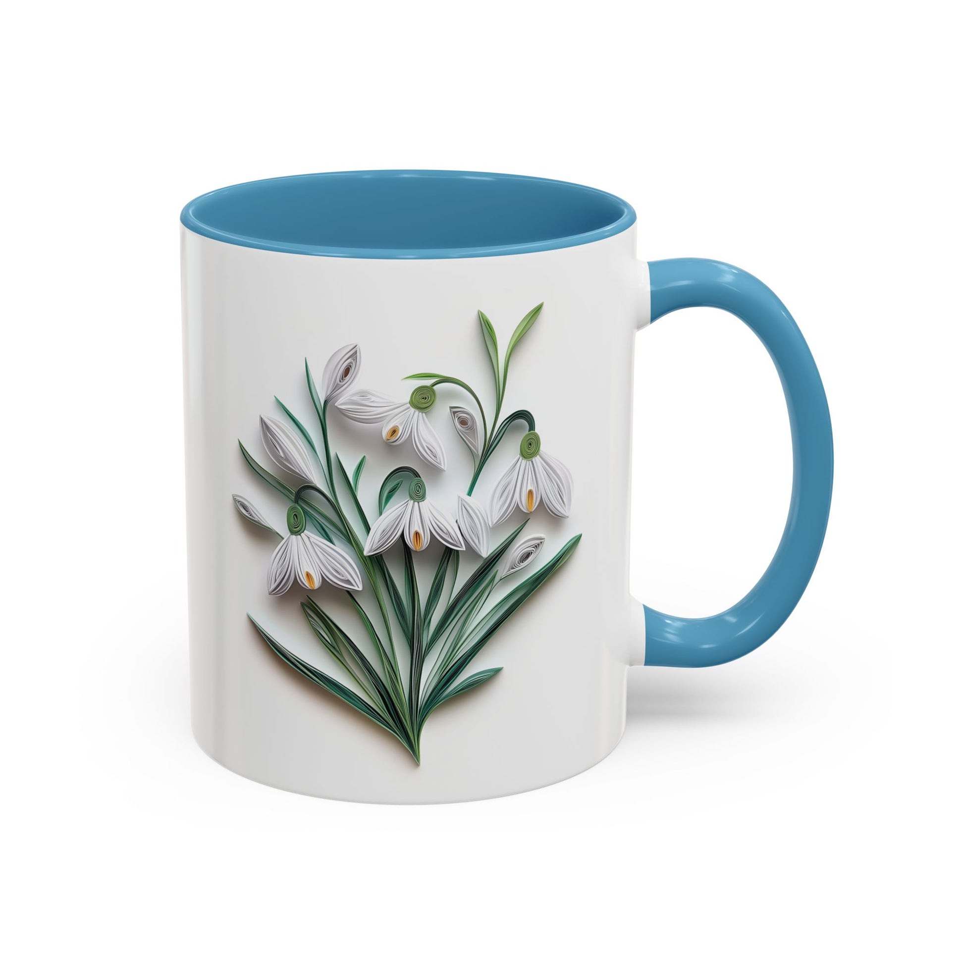 January Snowdrop, Birth Month Paper Quilling Mug - Available in a variety of vibrant accent colors, and in 15oz and 11oz sizes. Dishwasher and microwave safe.