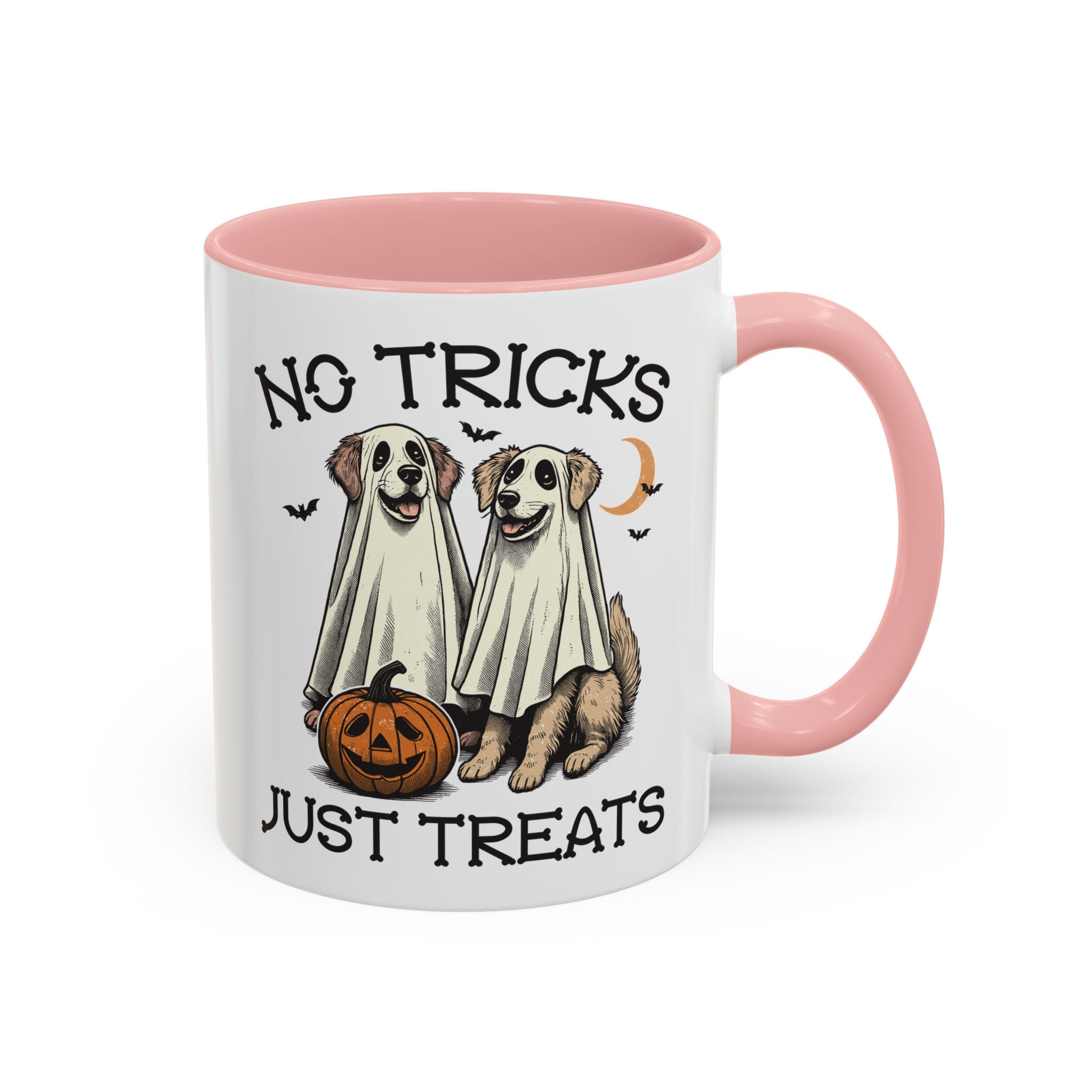 No Tricks, Just Treats - Vintage Dog Mug - Available in a variety of vibrant accent colors, and in 15oz and 11oz sizes. Dishwasher and microwave safe.