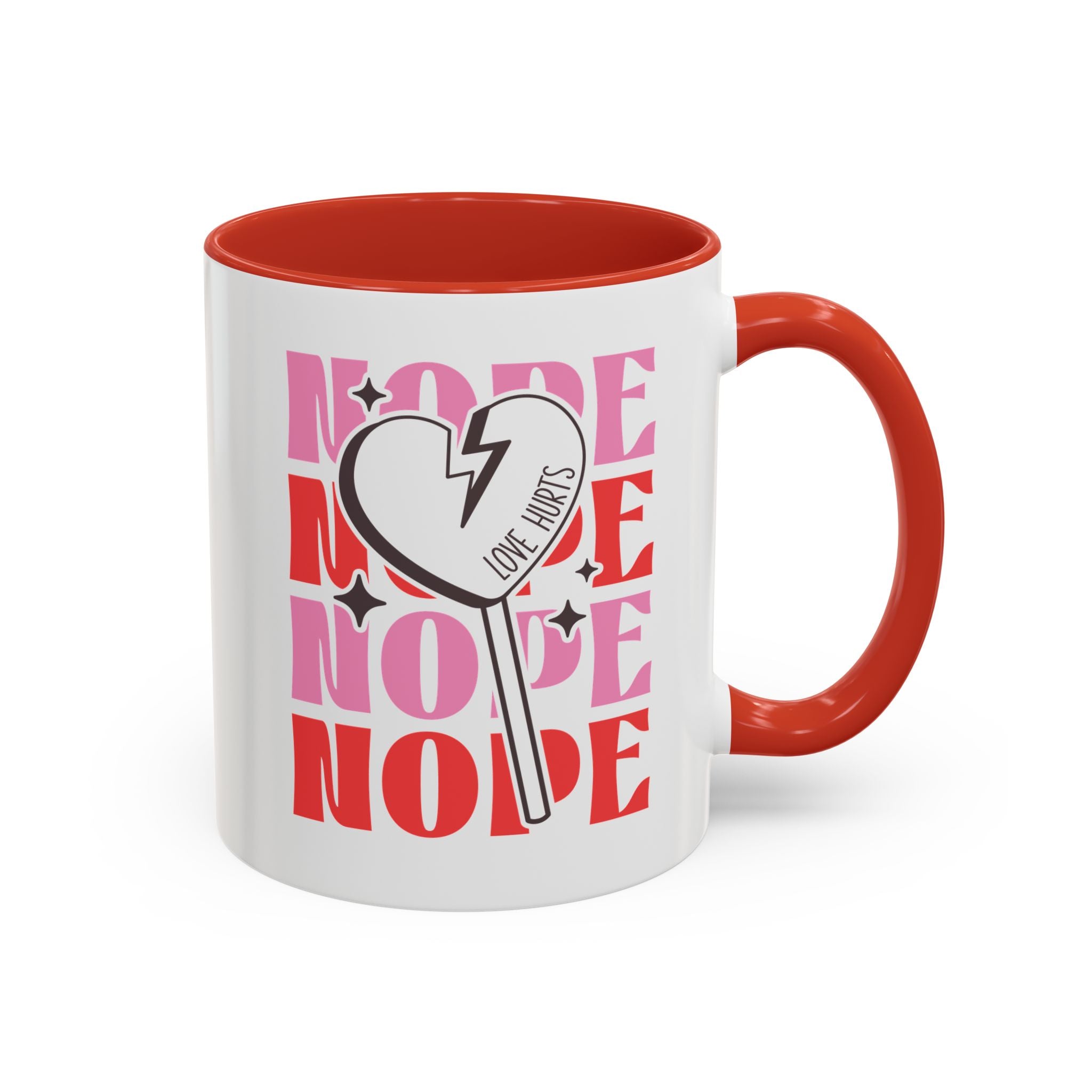 Nope, Love Hurts, Anti-Valentine's Day Mug - Available in a variety of vibrant accent colors, and in 15oz and 11oz sizes. Dishwasher and microwave safe.