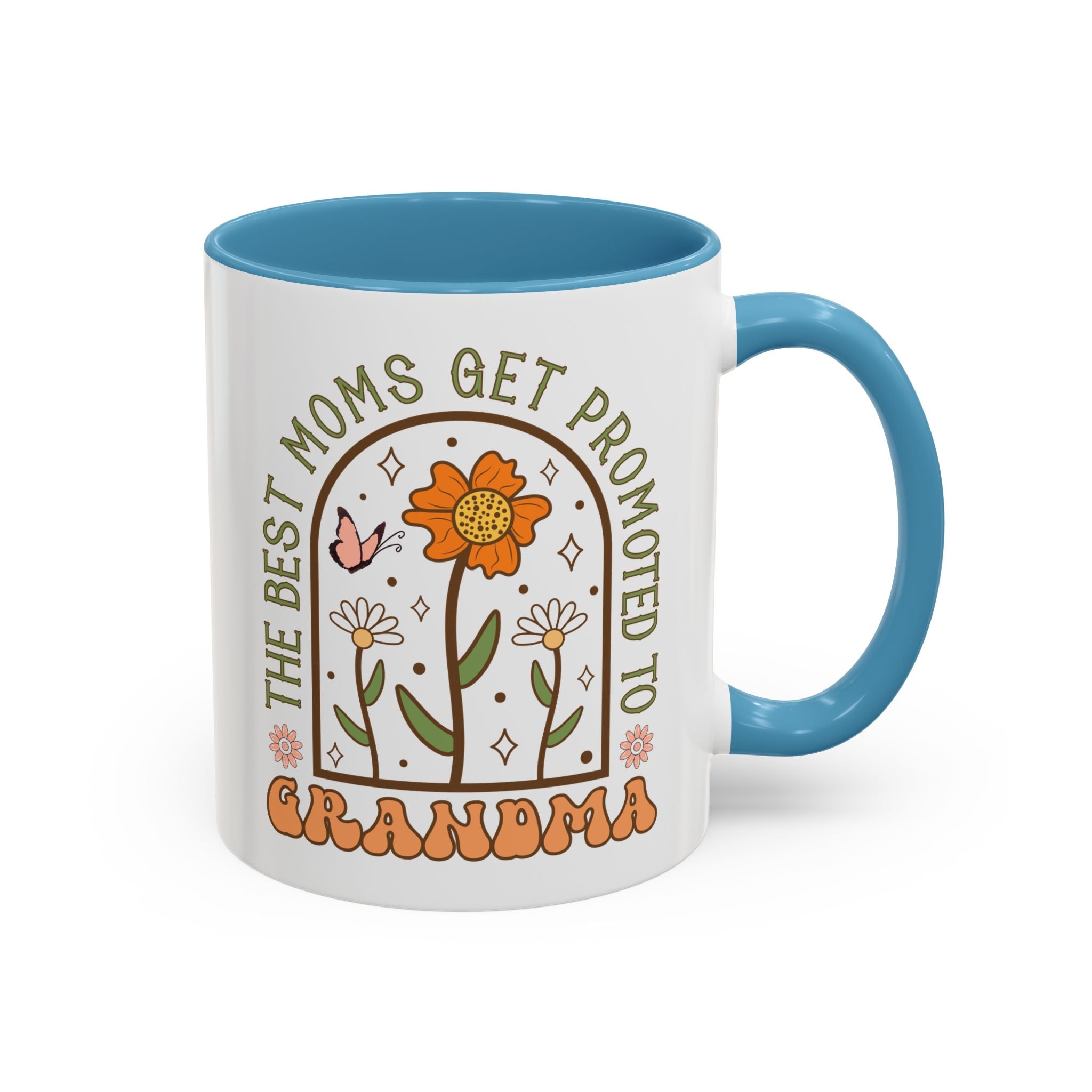 The Best Moms Get Promoted to Grandma, Flowers and Butterfly Mug - Available in a variety of vibrant accent colors, and in 15oz and 11oz sizes. Dishwasher and microwave safe.