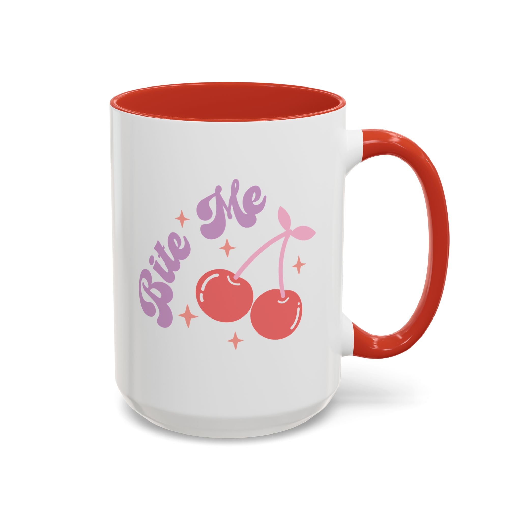 Bite Me, Anti-Valentine's Cherries Mug - Available in a variety of vibrant accent colors, and in 15oz and 11oz sizes. Dishwasher and microwave safe.