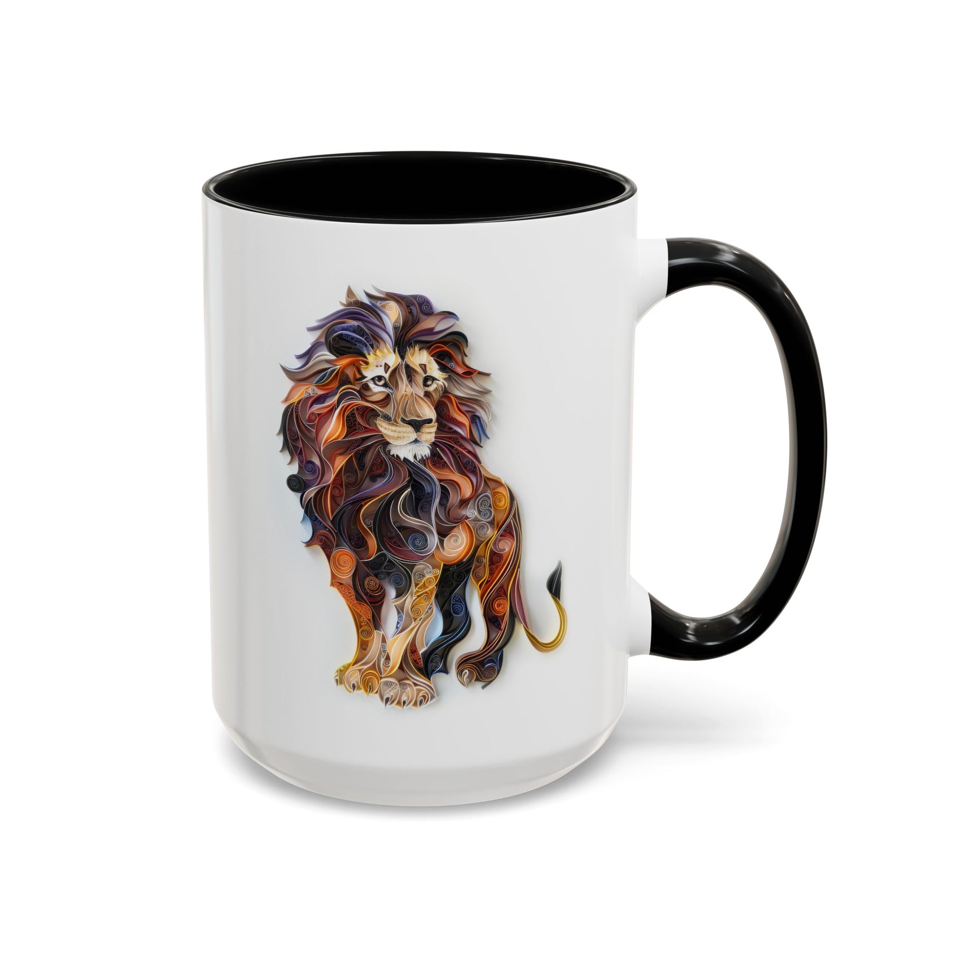 Lion, Paper Quilling Mug - Available in a variety of vibrant accent colors, and in 15oz and 11oz sizes. Dishwasher and microwave safe.