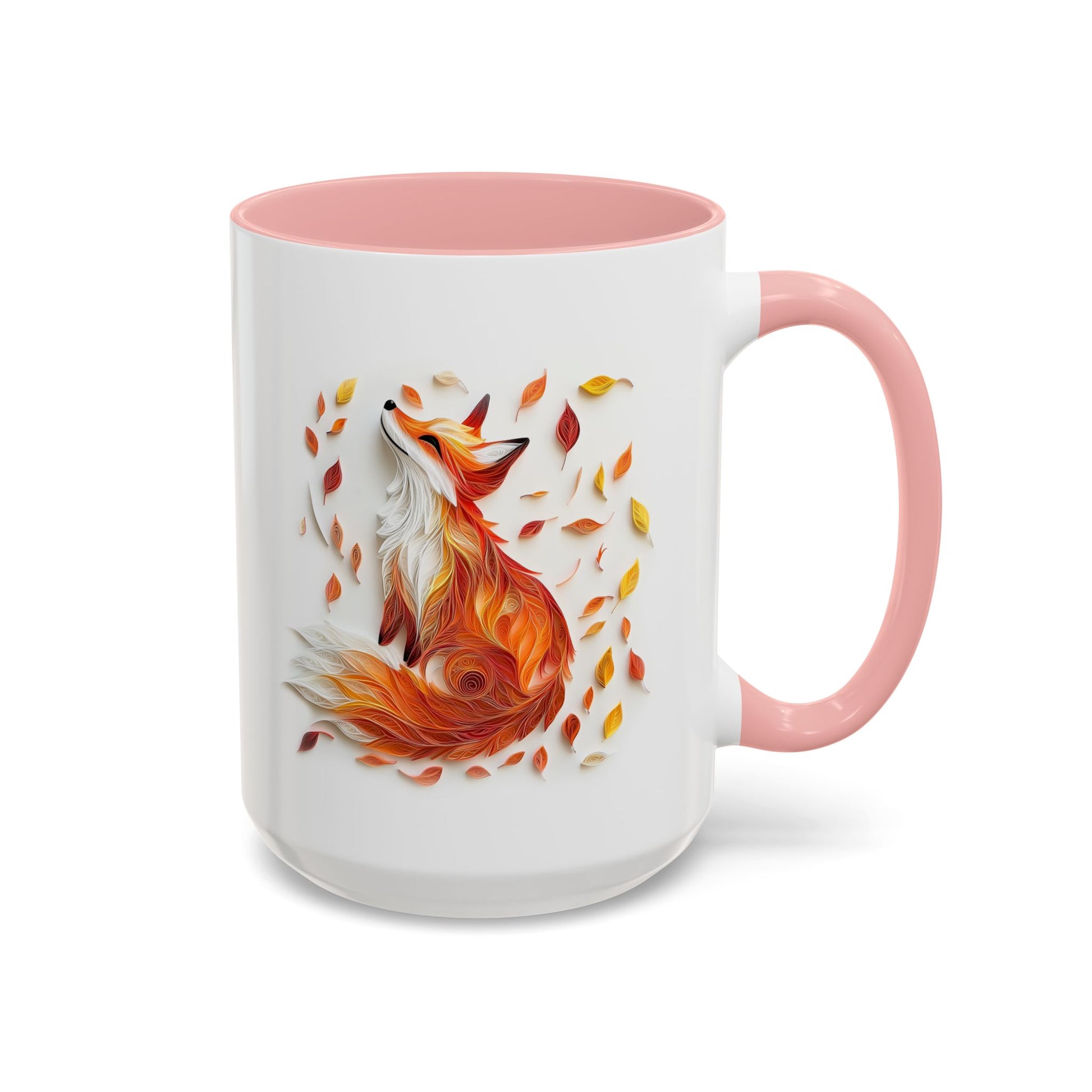 Fox in Fall Leaves, Paper Quilling Mug - Available in a variety of vibrant accent colors, and in 15oz and 11oz sizes. Dishwasher and microwave safe.