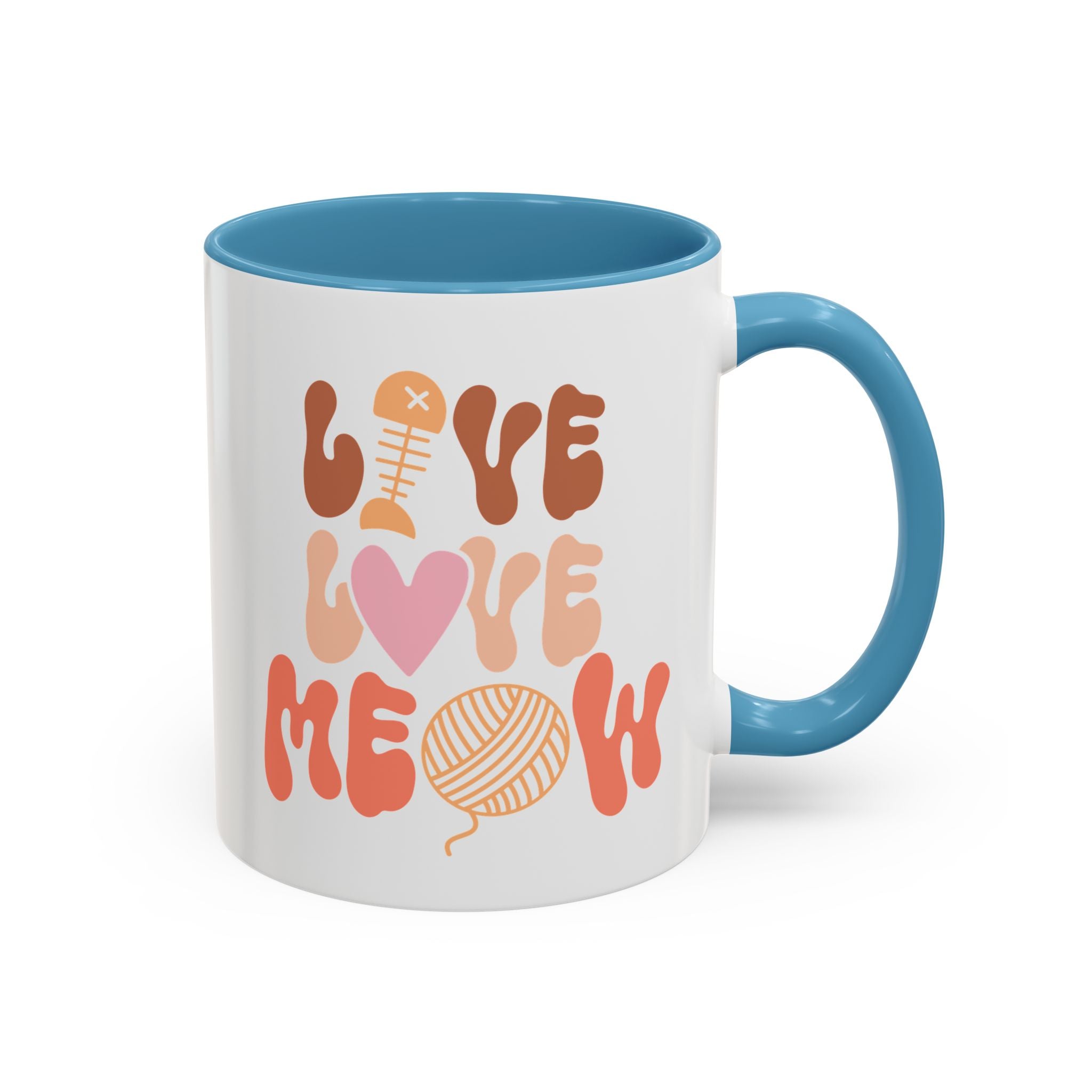 Live Love Meow, Cat Mug - Available in a variety of vibrant accent colors, and in 15oz and 11oz sizes. Dishwasher and microwave safe.