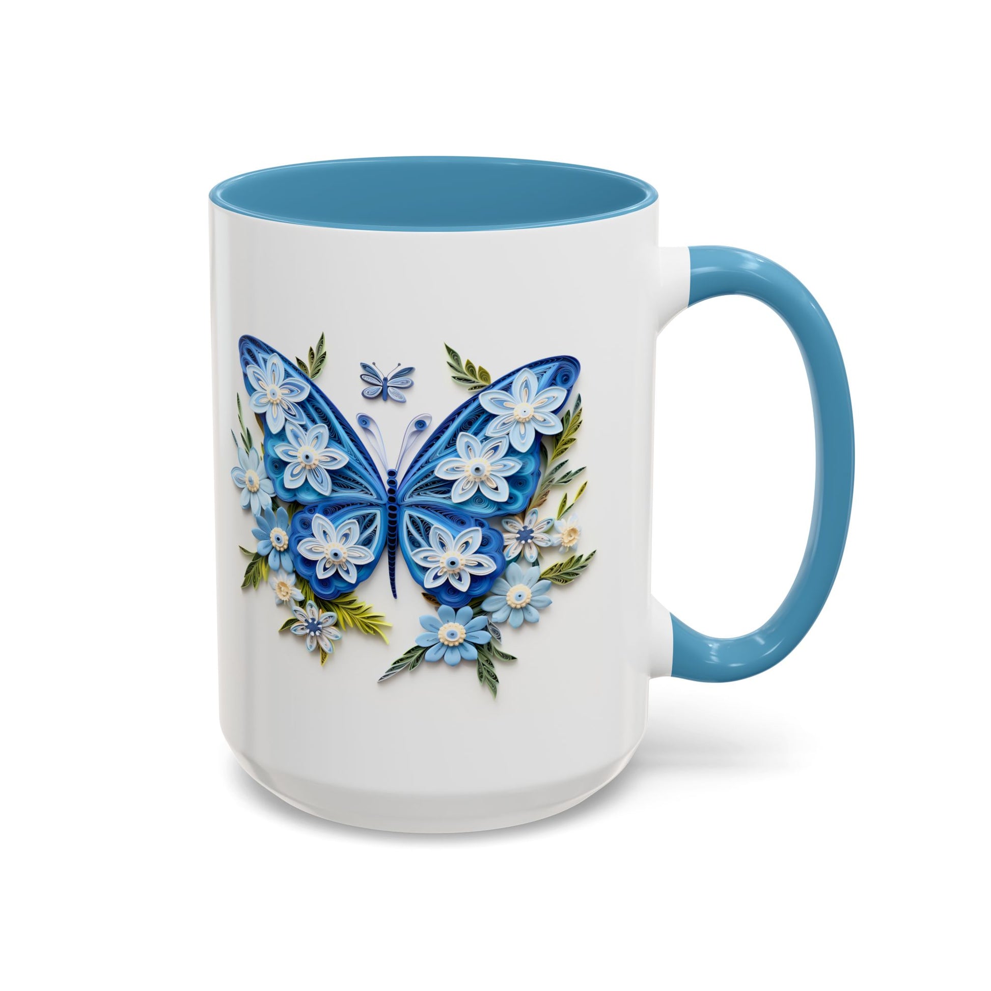 Blue Butterfly, Paper Quilling Mug - Available in a variety of vibrant accent colors, and in 15oz and 11oz sizes. Dishwasher and microwave safe.