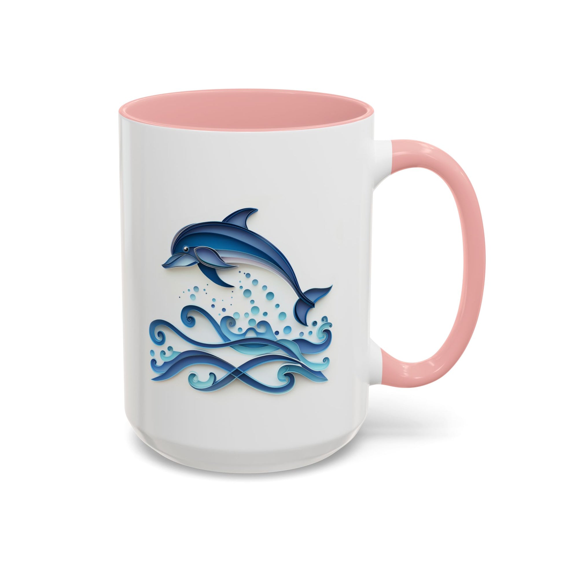 Dolphin, Paper Quilling Mug - Available in a variety of vibrant accent colors, and in 15oz and 11oz sizes. Dishwasher and microwave safe.