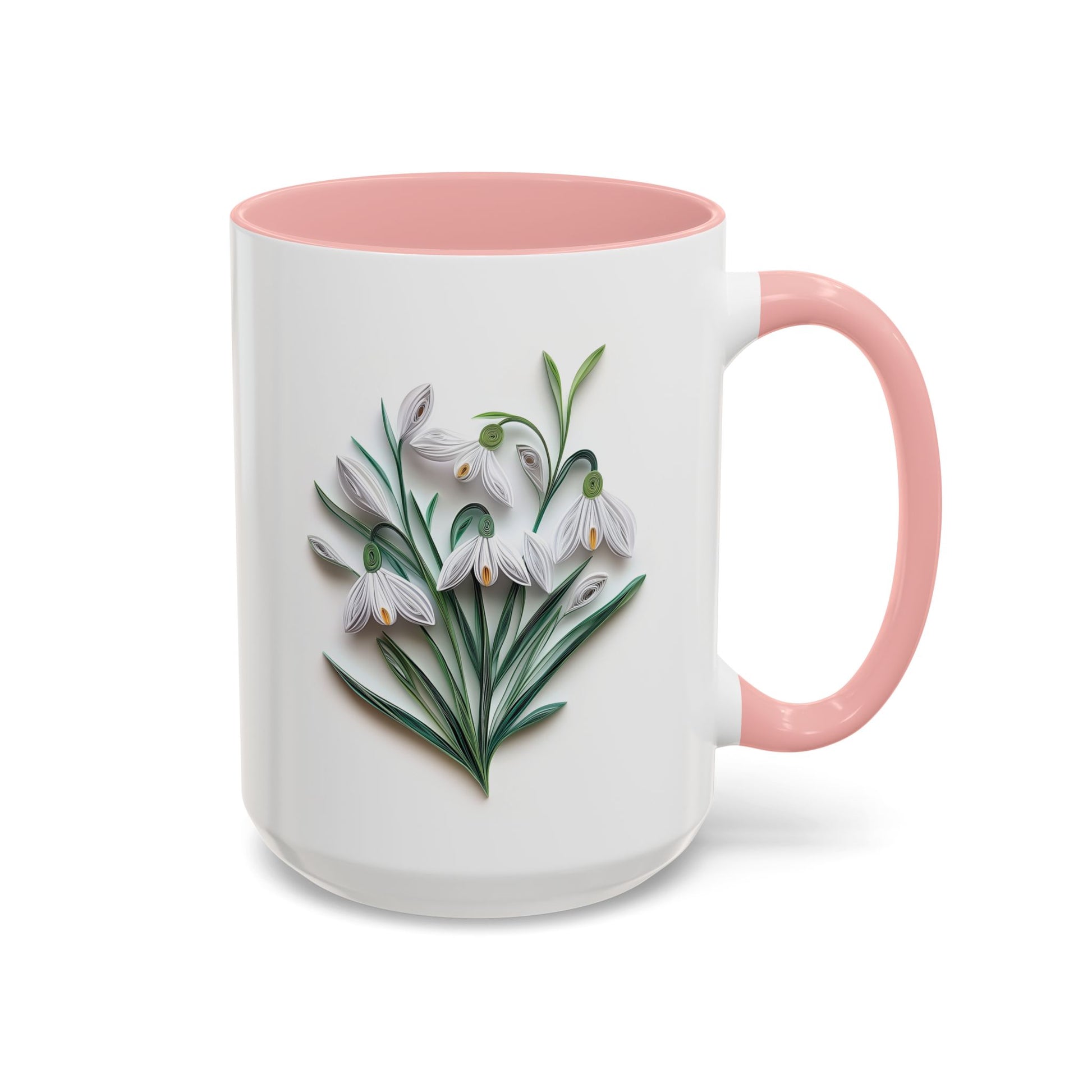 January Snowdrop, Birth Month Paper Quilling Mug - Available in a variety of vibrant accent colors, and in 15oz and 11oz sizes. Dishwasher and microwave safe.