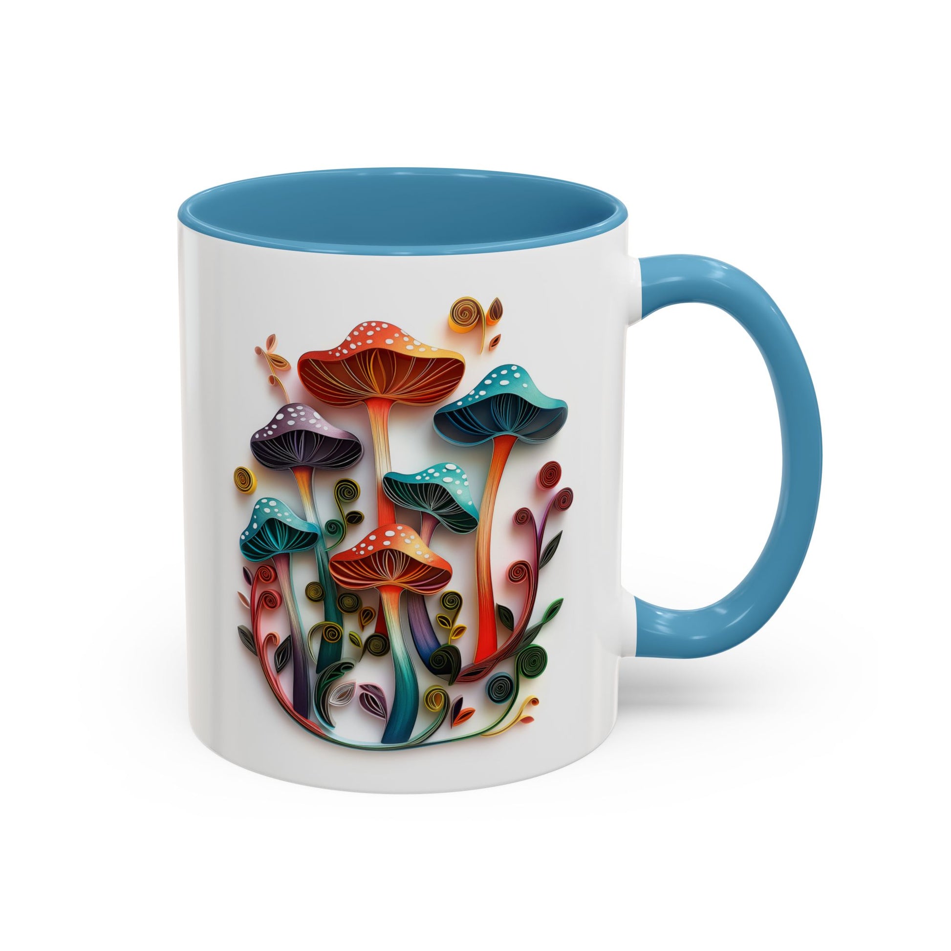 Whimsical Mushrooms, Paper Quilling Mug - Available in a variety of vibrant accent colors, and in 15oz and 11oz sizes. Dishwasher and microwave safe.