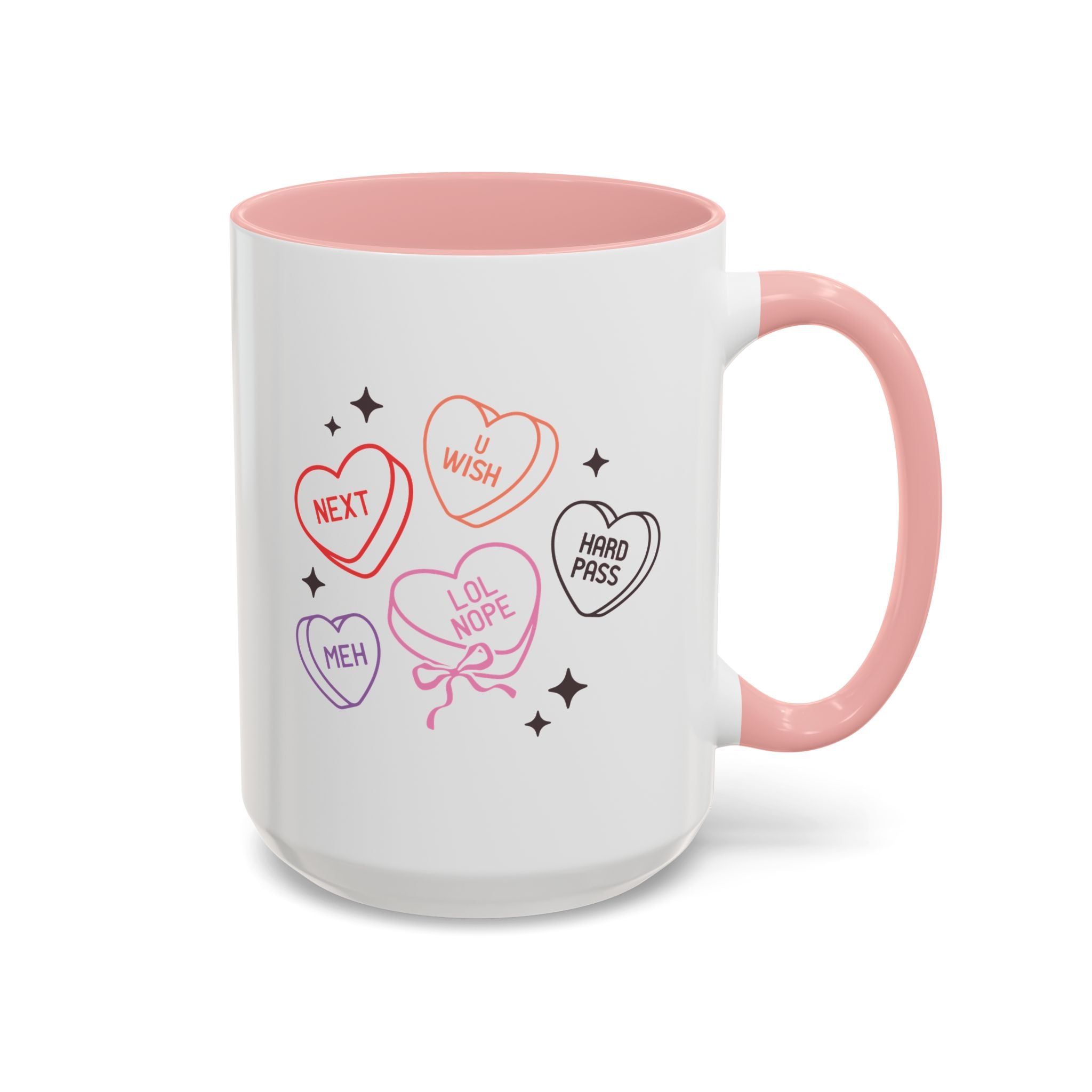 Candy Hearts, Anti-Valentine's Day Mug - Available in a variety of vibrant accent colors, and in 15oz and 11oz sizes. Dishwasher and microwave safe.