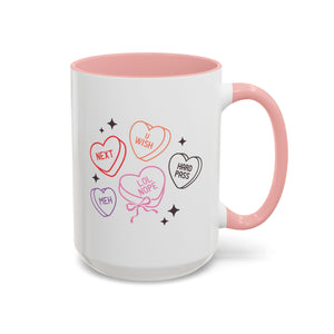 Candy Hearts, Anti-Valentine's Day Mug - Available in a variety of vibrant accent colors, and in 15oz and 11oz sizes. Dishwasher and microwave safe.