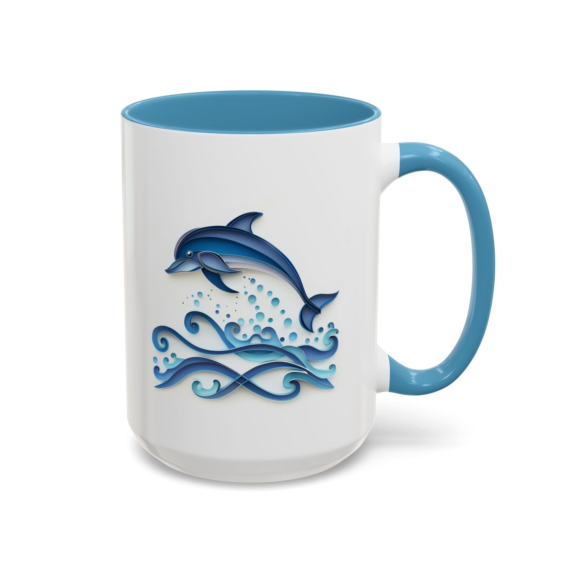 Dolphin, Paper Quilling Mug - Available in a variety of vibrant accent colors, and in 15oz and 11oz sizes. Dishwasher and microwave safe.