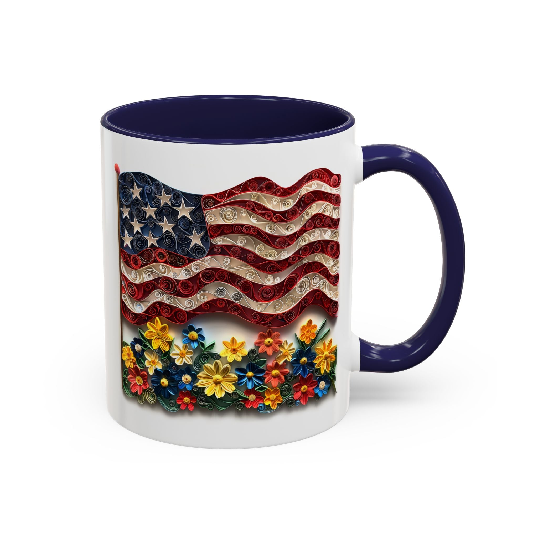American Flag with Flowers, Paper Quilling Mug - Available in a variety of vibrant accent colors, and in 15oz and 11oz sizes. Dishwasher and microwave safe.