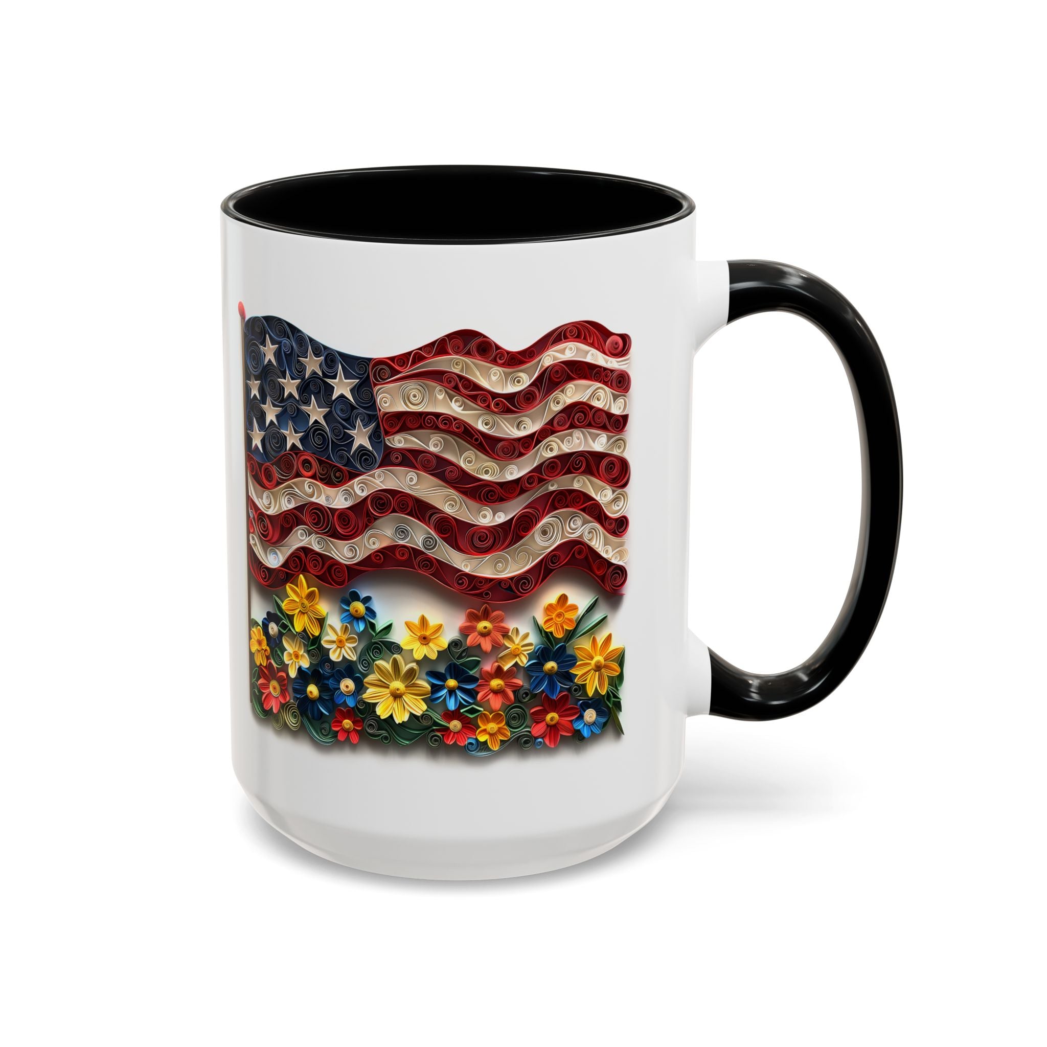 American Flag with Flowers, Paper Quilling Mug - Available in a variety of vibrant accent colors, and in 15oz and 11oz sizes. Dishwasher and microwave safe.