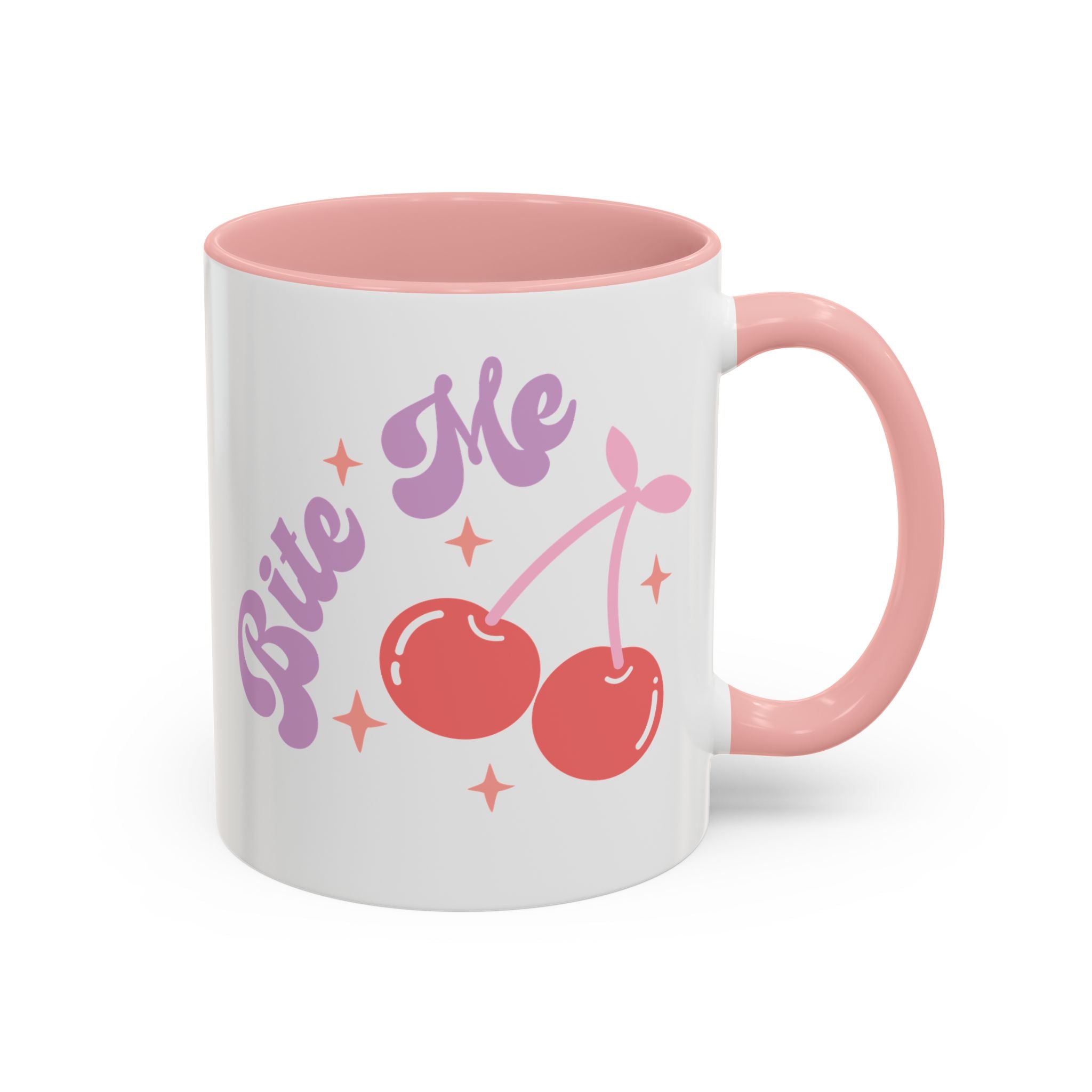 Bite Me, Anti-Valentine's Cherries Mug - Available in a variety of vibrant accent colors, and in 15oz and 11oz sizes. Dishwasher and microwave safe.