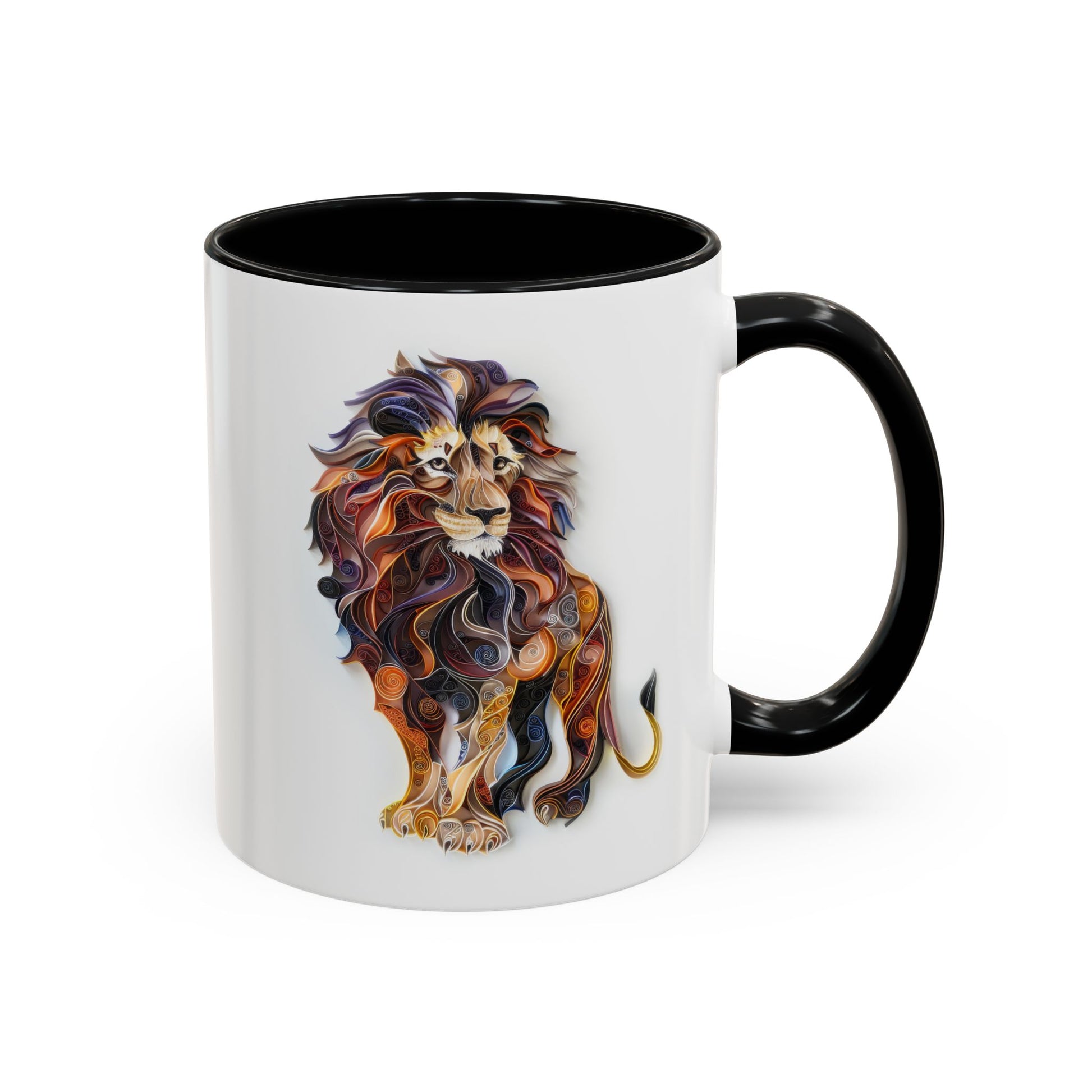 Lion, Paper Quilling Mug - Available in a variety of vibrant accent colors, and in 15oz and 11oz sizes. Dishwasher and microwave safe.