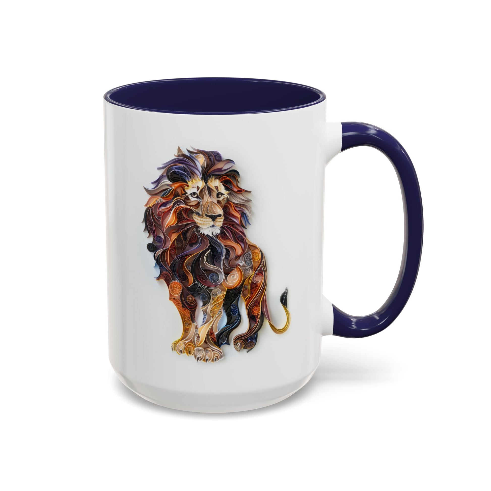 Lion, Paper Quilling Mug - Available in a variety of vibrant accent colors, and in 15oz and 11oz sizes. Dishwasher and microwave safe.