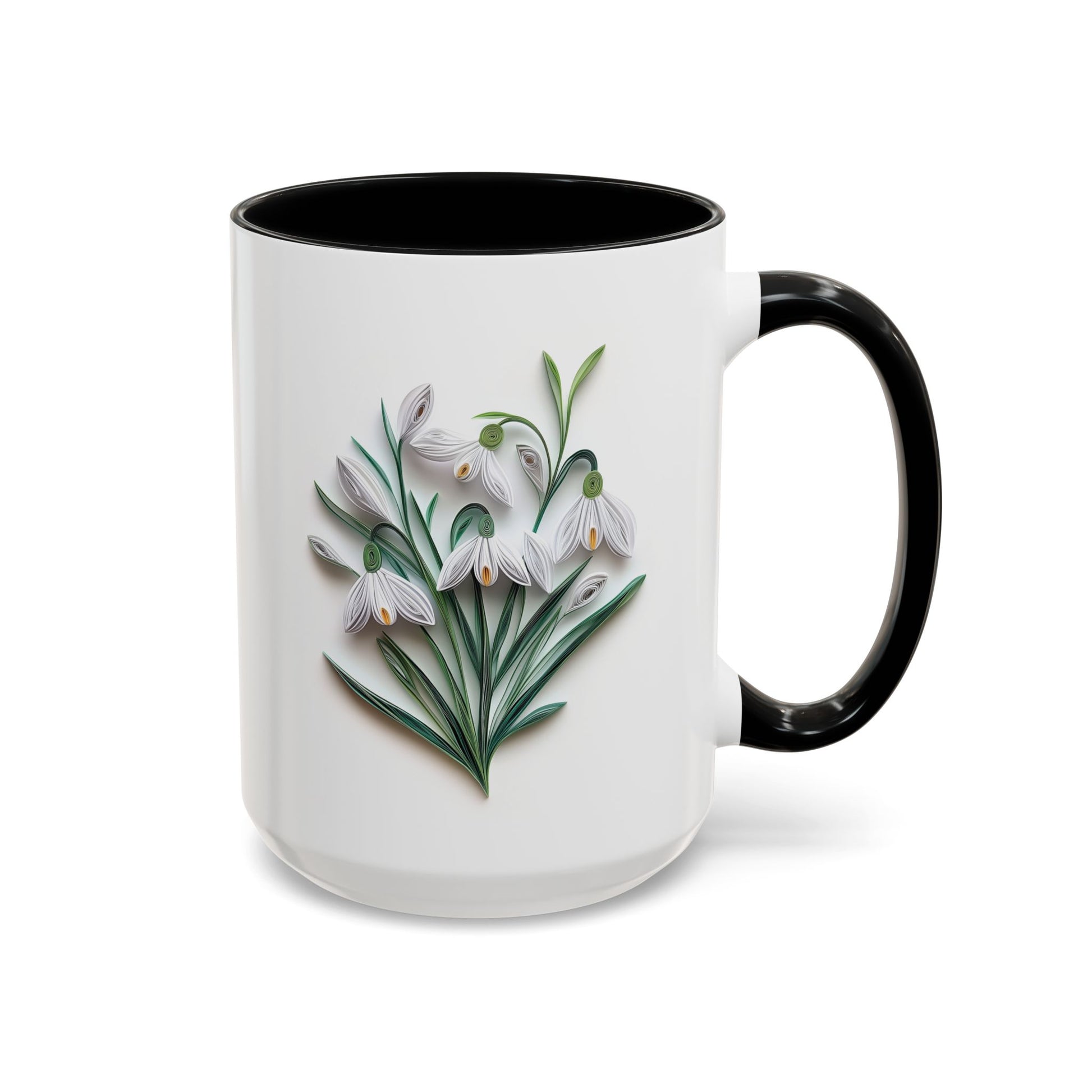 January Snowdrop, Birth Month Paper Quilling Mug - Available in a variety of vibrant accent colors, and in 15oz and 11oz sizes. Dishwasher and microwave safe.