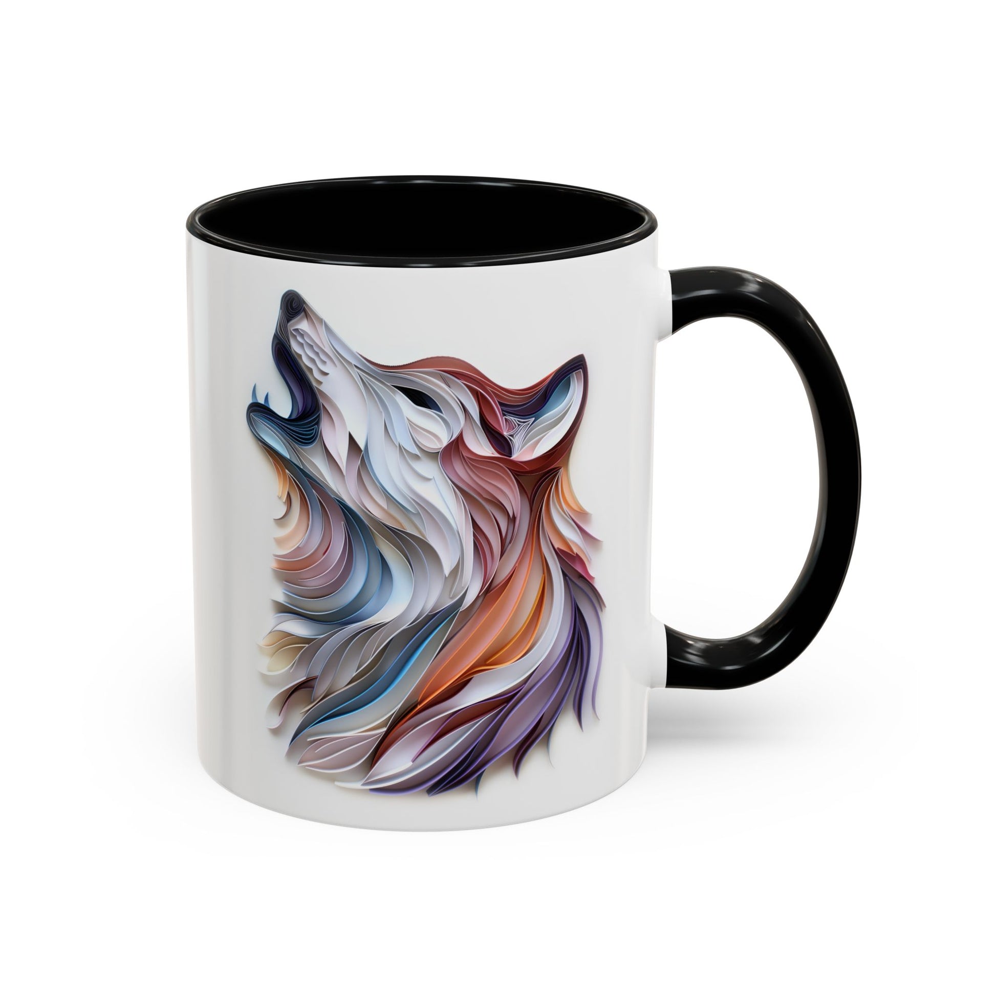 Howling Wolf, Paper Quilling Mug - Available in a variety of vibrant accent colors, and in 15oz and 11oz sizes. Dishwasher and microwave safe.