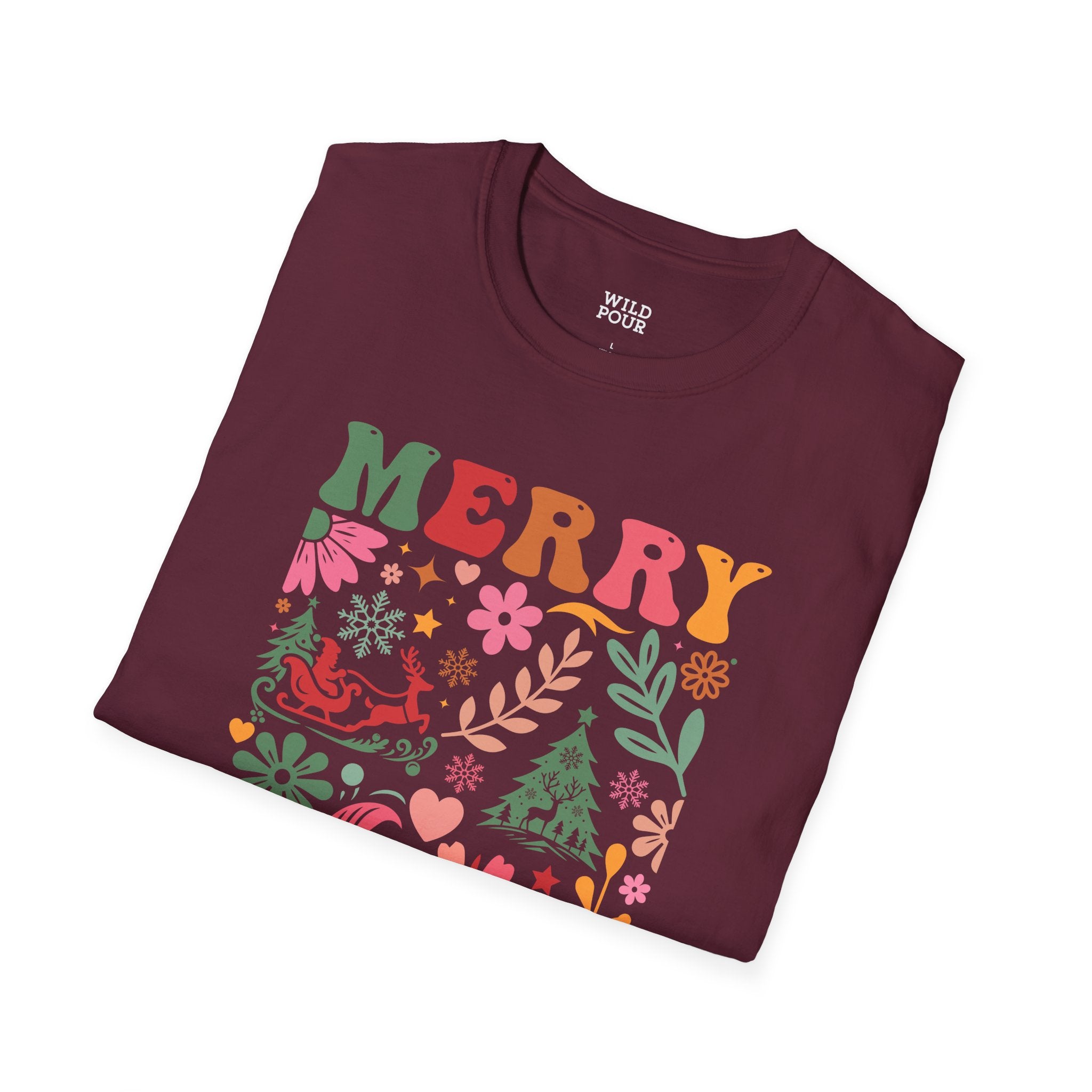 Merry Christmas, Boho Flowers Tee-Adult Tees-Wild Pour