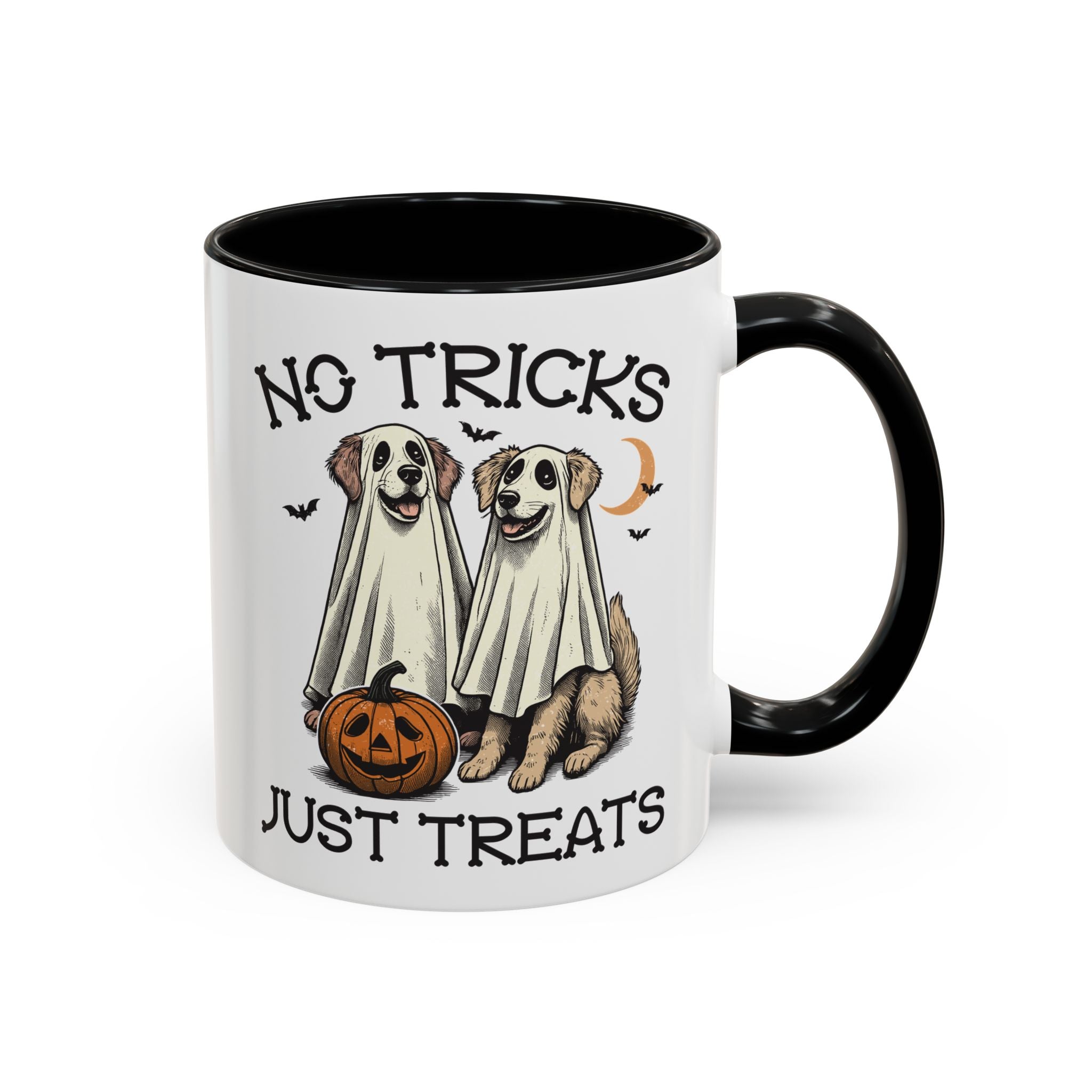 No Tricks, Just Treats - Vintage Dog Mug - Available in a variety of vibrant accent colors, and in 15oz and 11oz sizes. Dishwasher and microwave safe.