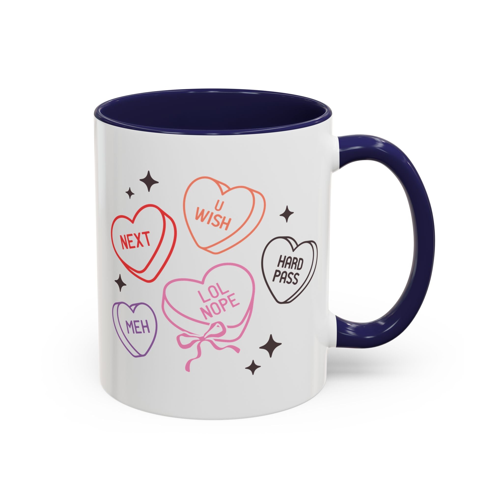 Candy Hearts, Anti-Valentine's Day Mug - Available in a variety of vibrant accent colors, and in 15oz and 11oz sizes. Dishwasher and microwave safe.