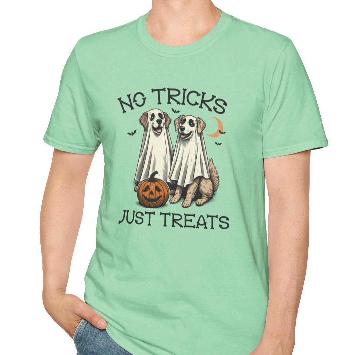 No Tricks, Just Treats - Vintage Dog Tee - Ultra-soft and super comfy, our premium quality unisex tees are perfect for any season.