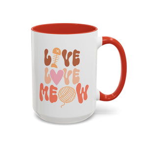 Live Love Meow, Cat Mug - Available in a variety of vibrant accent colors, and in 15oz and 11oz sizes. Dishwasher and microwave safe.