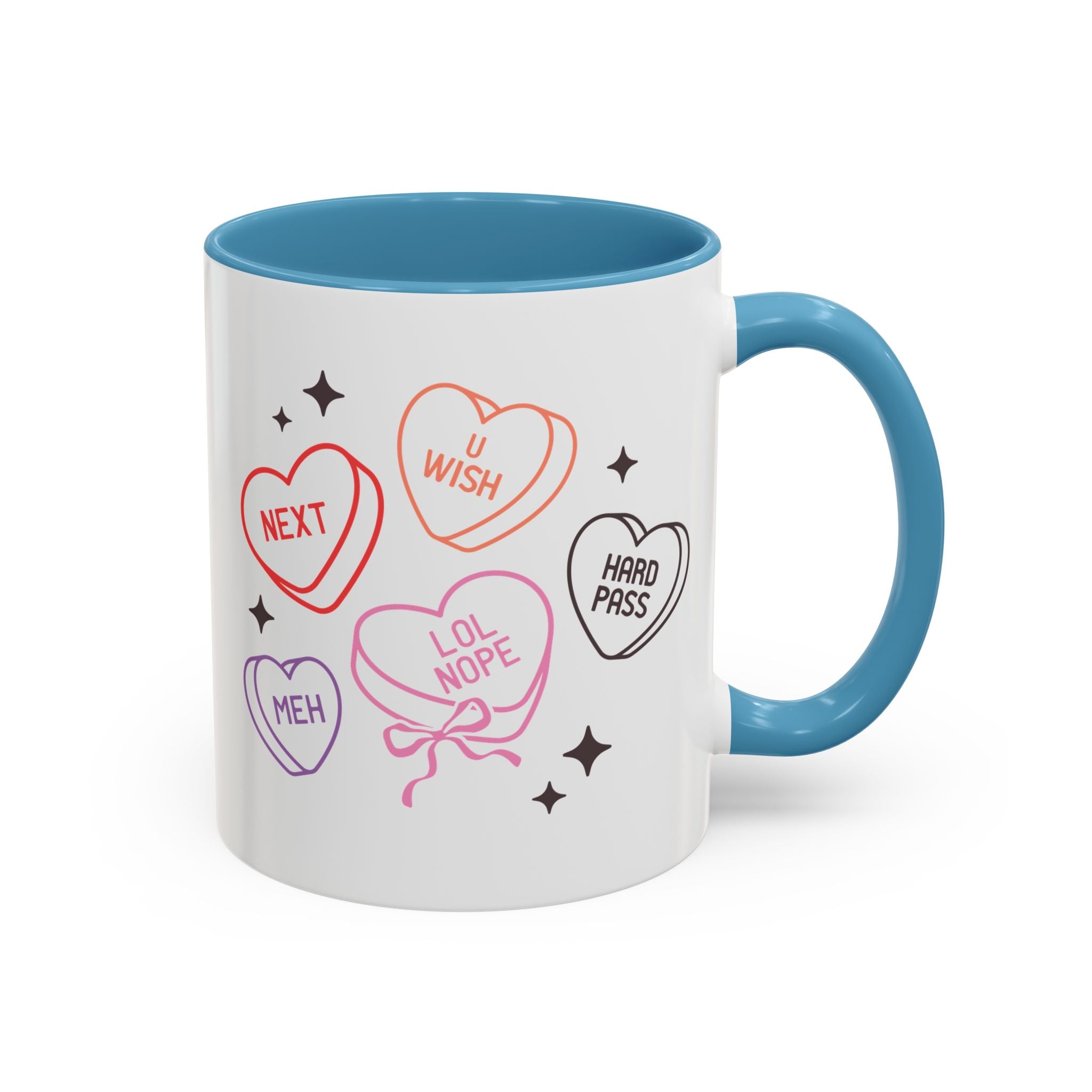 Candy Hearts, Anti-Valentine's Day Mug - Available in a variety of vibrant accent colors, and in 15oz and 11oz sizes. Dishwasher and microwave safe.