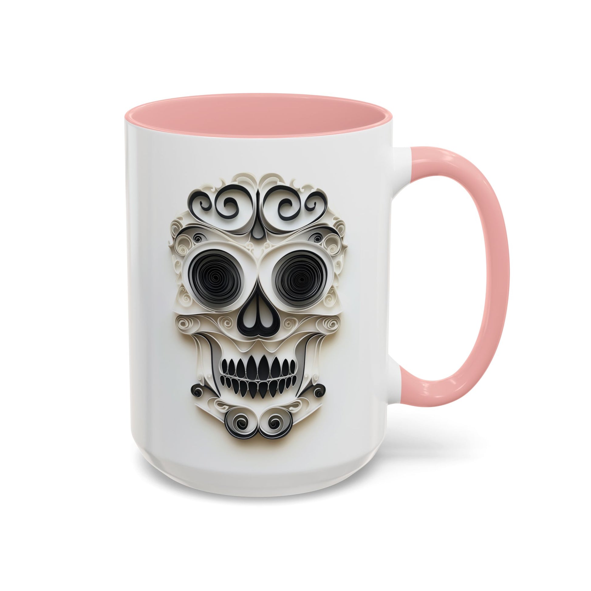 Black & White Skull, Paper Quilling Mug - Available in a variety of vibrant accent colors, and in 15oz and 11oz sizes. Dishwasher and microwave safe.