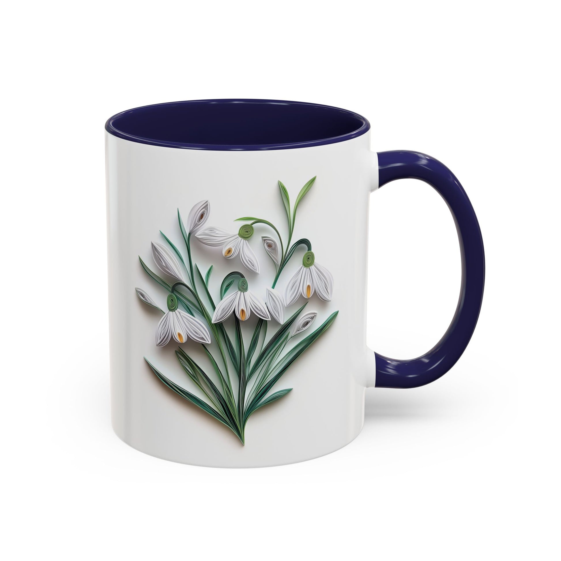 January Snowdrop, Birth Month Paper Quilling Mug - Available in a variety of vibrant accent colors, and in 15oz and 11oz sizes. Dishwasher and microwave safe.