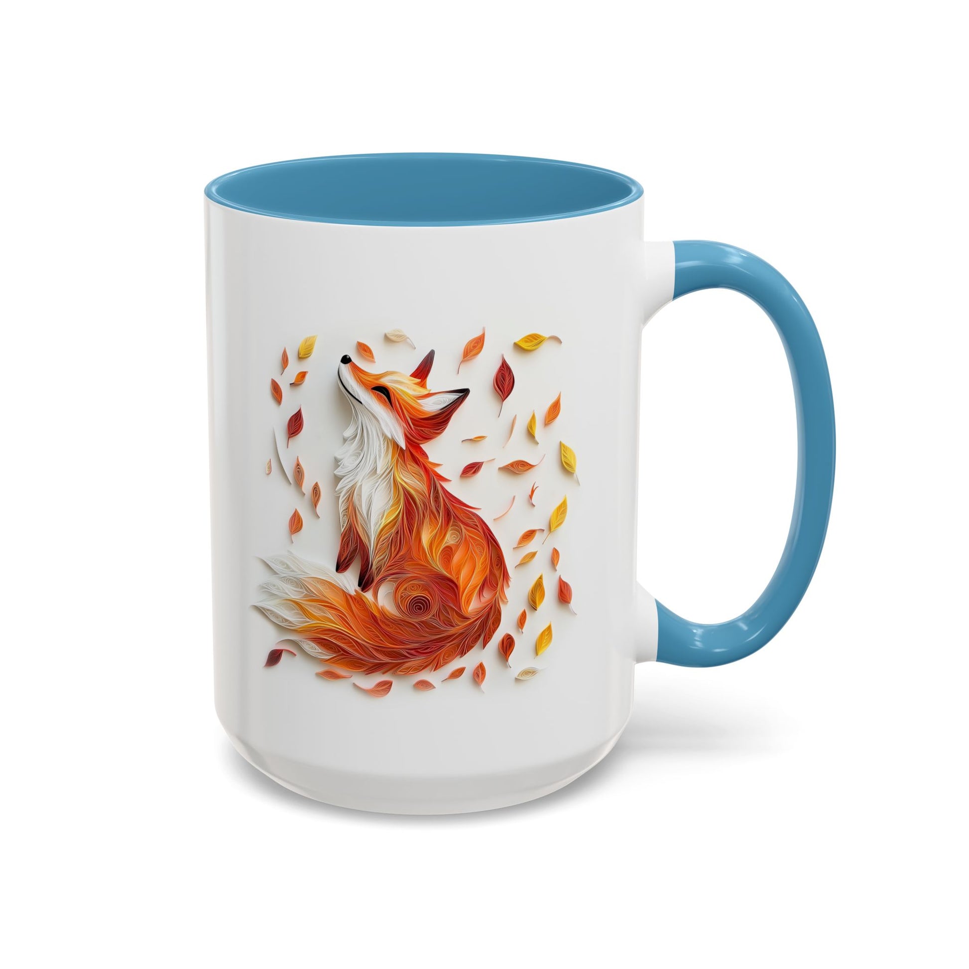 Fox in Fall Leaves, Paper Quilling Mug - Available in a variety of vibrant accent colors, and in 15oz and 11oz sizes. Dishwasher and microwave safe.