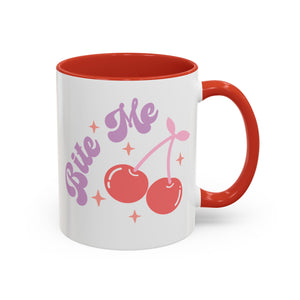 Bite Me, Anti-Valentine's Cherries Mug - Available in a variety of vibrant accent colors, and in 15oz and 11oz sizes. Dishwasher and microwave safe.